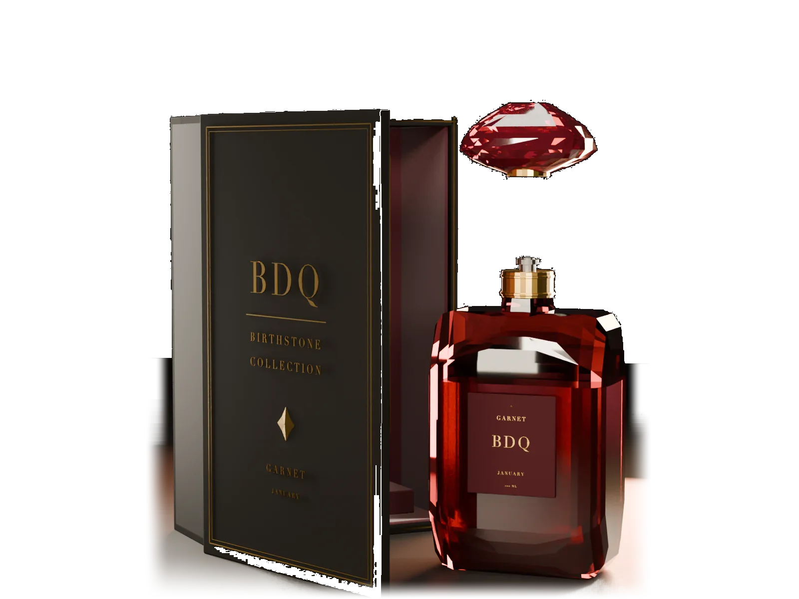 The MIST by BDQ January Garnet presentation: a faceted crystal bottle with a garnet gemstone cap, standing beside its open black and gold presentation case.